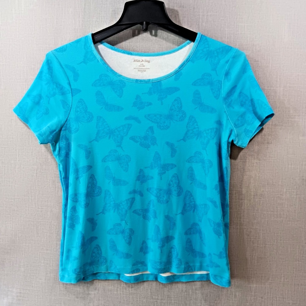 White Stag Blue Butterfly Top Large Short Sleeve Cotton Round‎ Neck Graphic Tee
